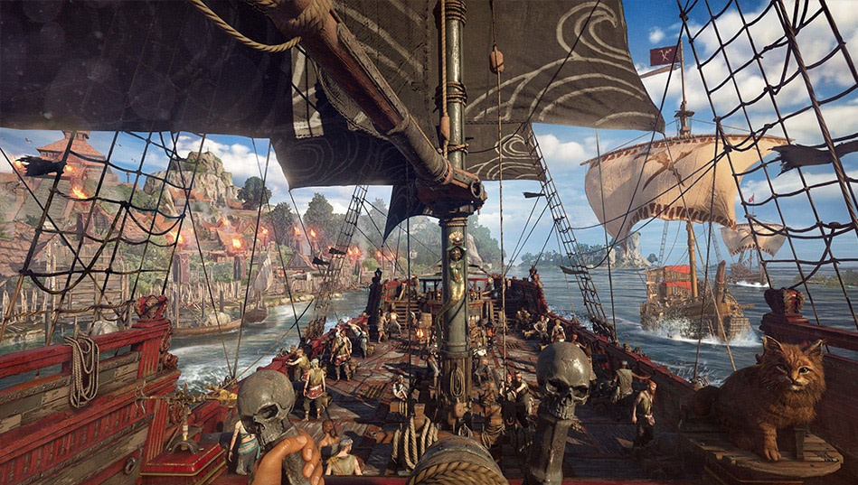 Game capture image for the game Skull and Bones showing the view from the wheel of a pirate ship at sea