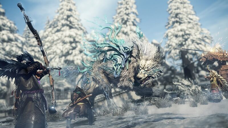 Gameplay capture image of three characters facing off against a giant wolf-like creature