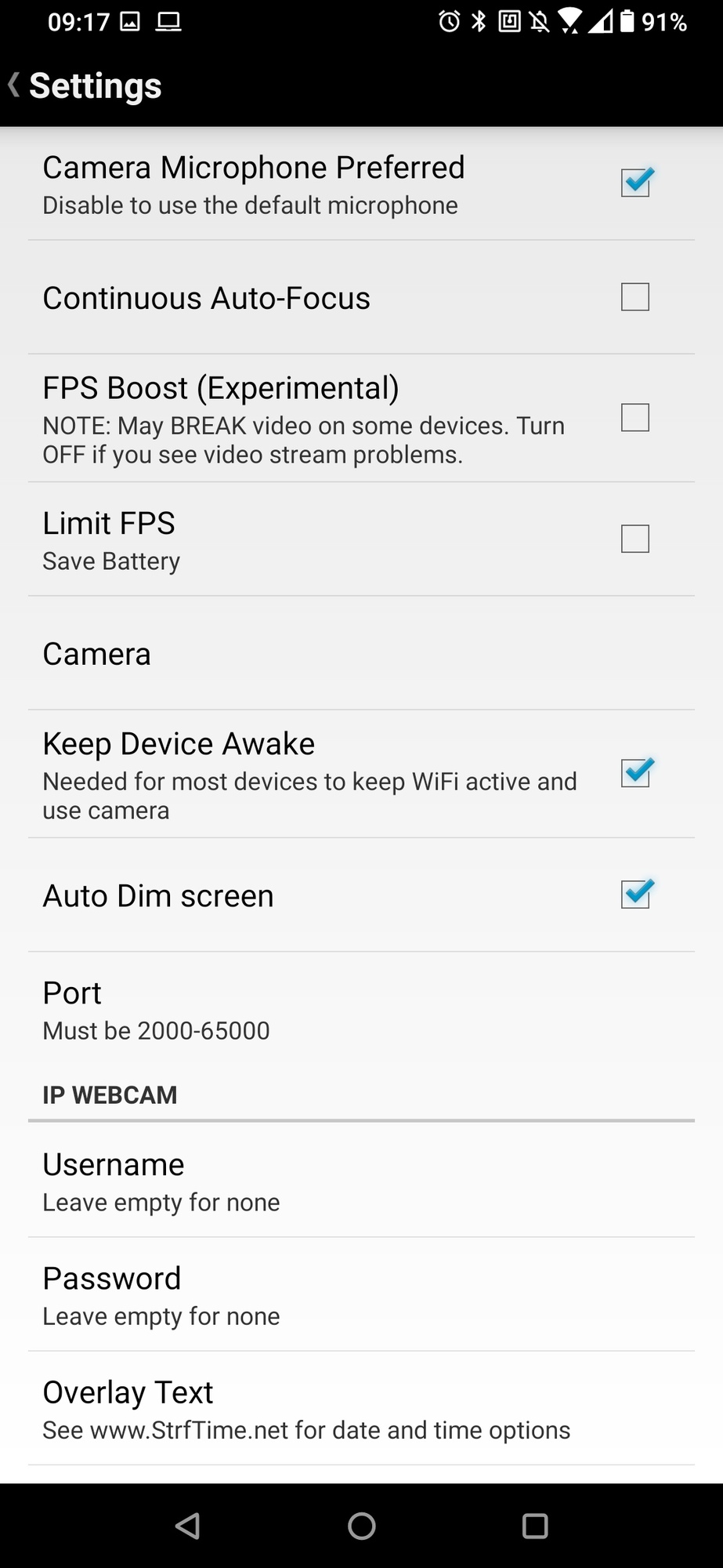 Screenshot of the DroidCam phone app settings menu