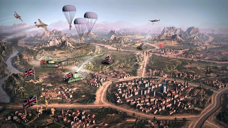 Promotional image from Company of Heroes 3 showing oversized soldiers, tanks and planes fighting amongst a miniature landscape