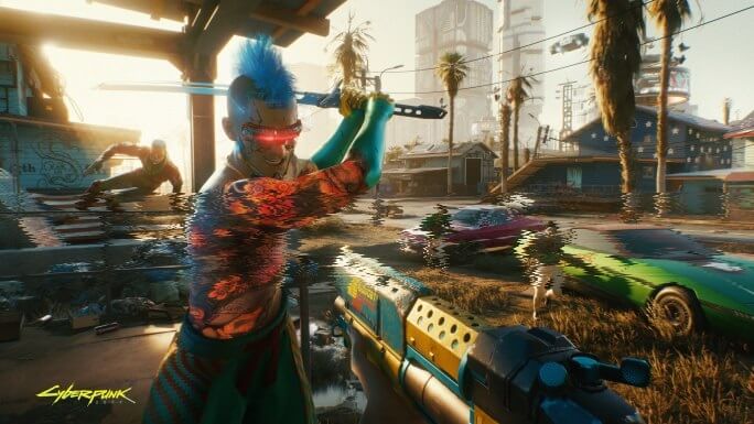 Screen capture image from the game Cyberpunk 2077 showing a character about to swing a futuristic sword towards the player