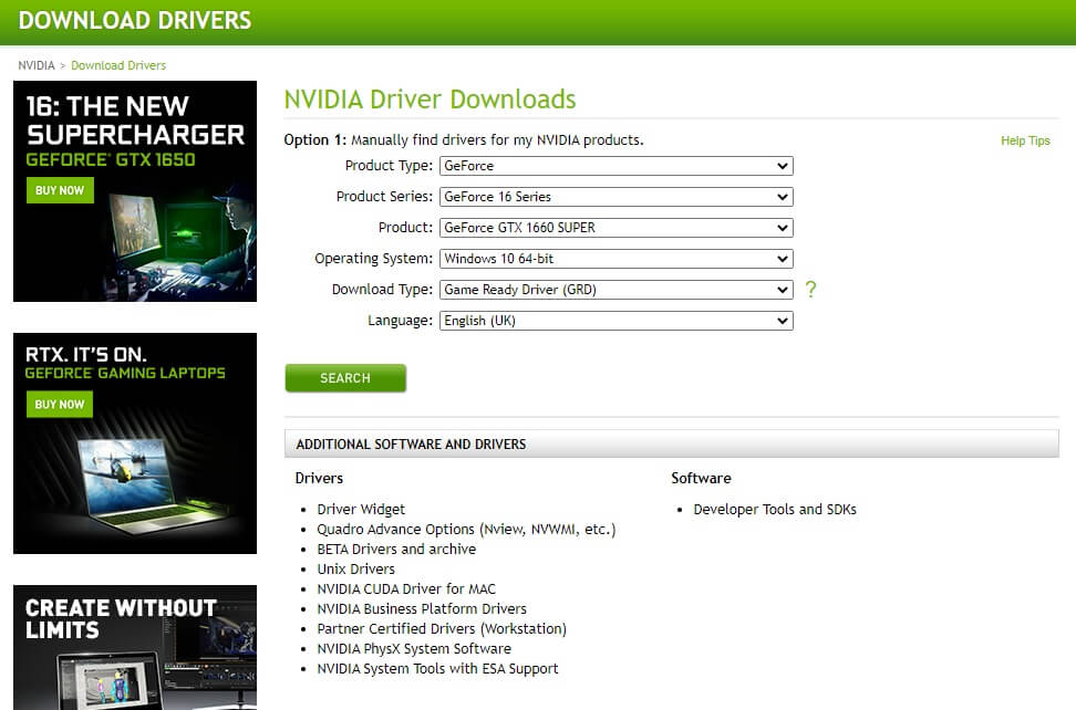 Screenshot of Nvidia's update drivers webpage 